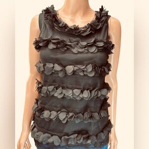 Romantic Fiona Elegant Black Sheer Sleeveless Top with Floral Accents Small